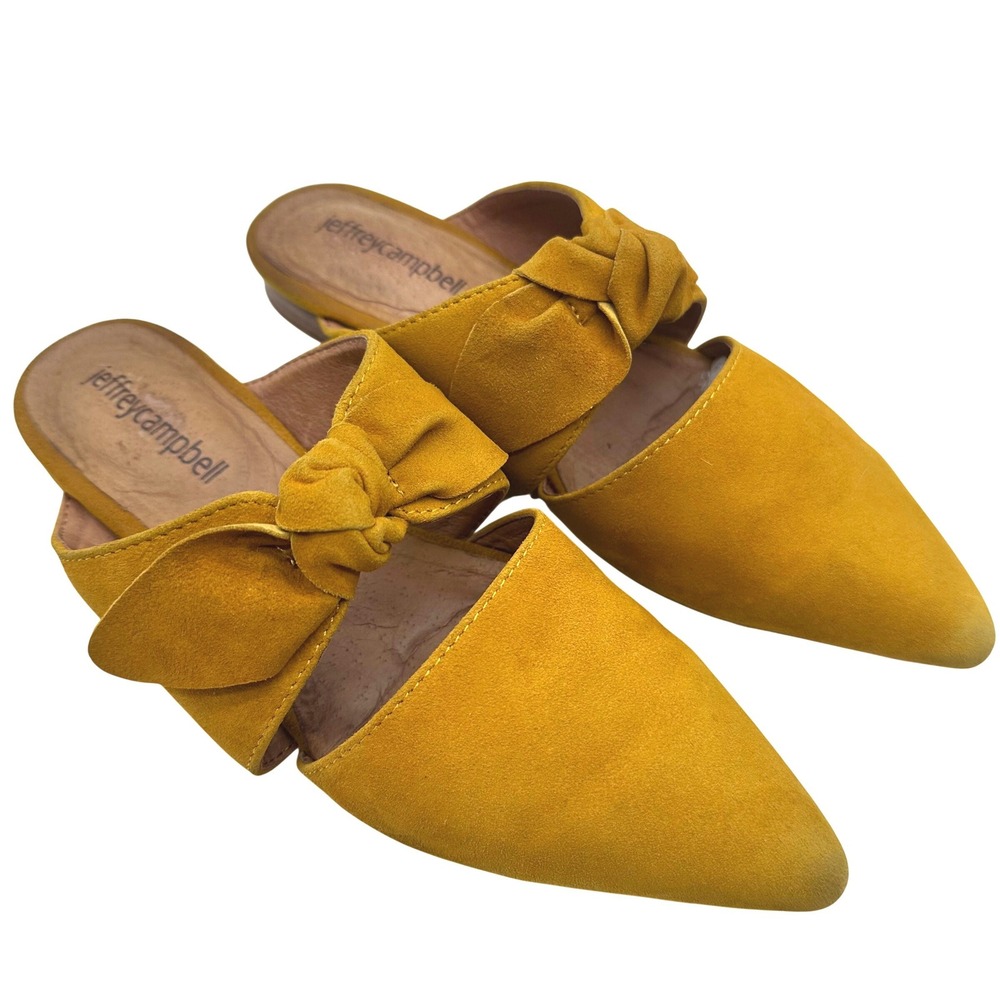 Jeffrey Campbell Charlin Mustard Yellow Suede Pointed Toe Bow Mules Flats 6.5M